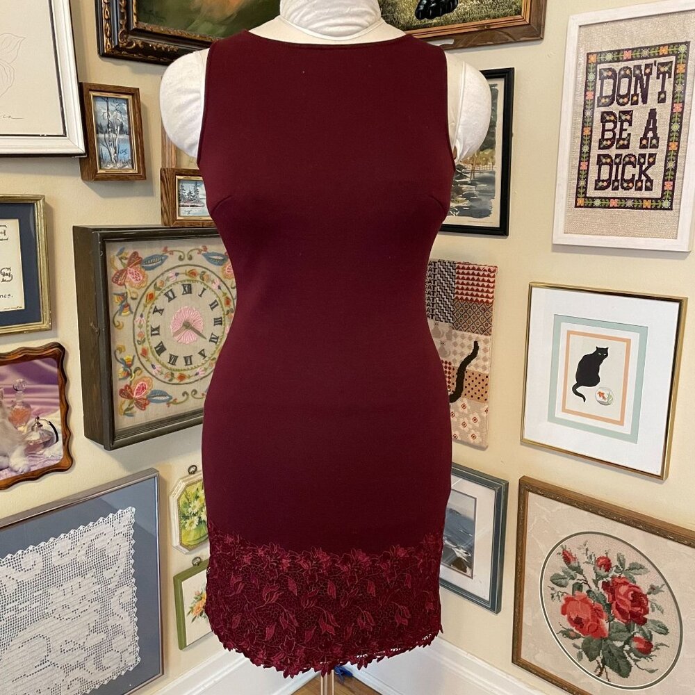 Reiss Burgundy Sleeveless Knee-Length Lace Hem Bateau Neck Bodycon Dress Size 0